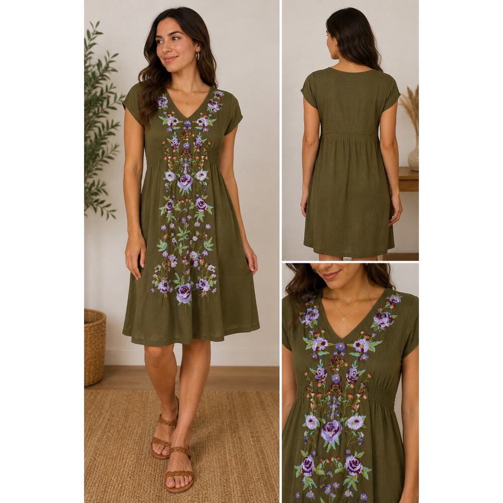 Johnny Was JS Los Angeles Olive Green Embroidered Boho Floral V-Neck Mini Dress